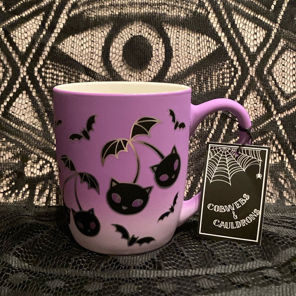 Purple Halloween Black Cat Cherries & Bats Smooth Matte Soft Touch Coffee Mug